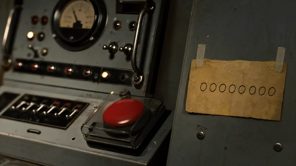 Close-up de um painel de controle de mísseis nucleares dos anos 60 com um botão vermelho e um bilhete de papel colado escrito '00000000' à mão.