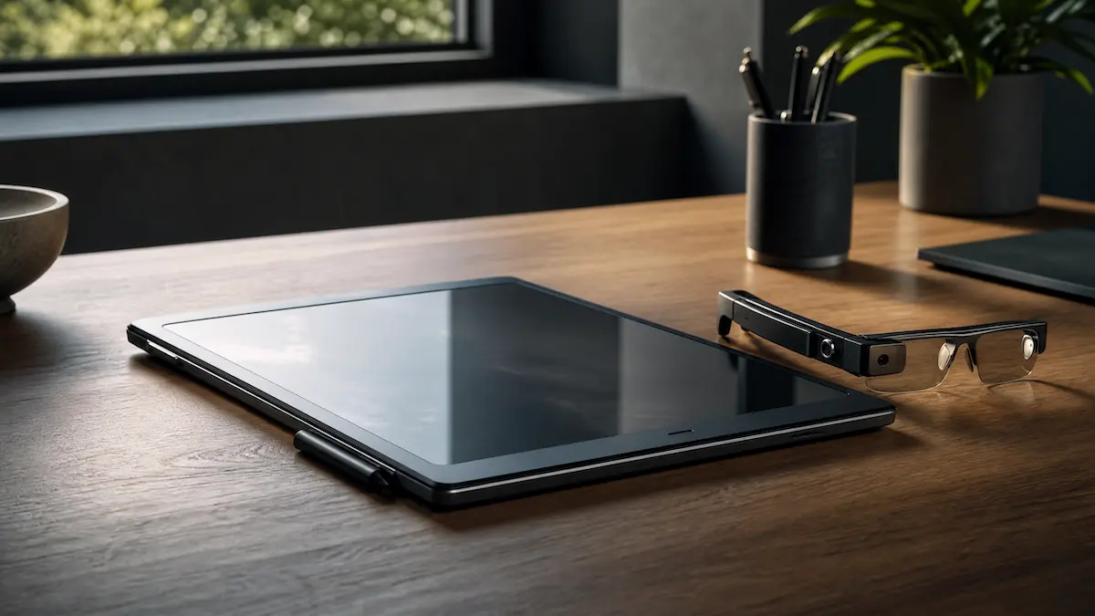 Fotografia realista de um tablet moderno e óculos inteligentes em uma mesa de madeira limpa, representando a evolução de tecnologias que voltaram ao mercado.