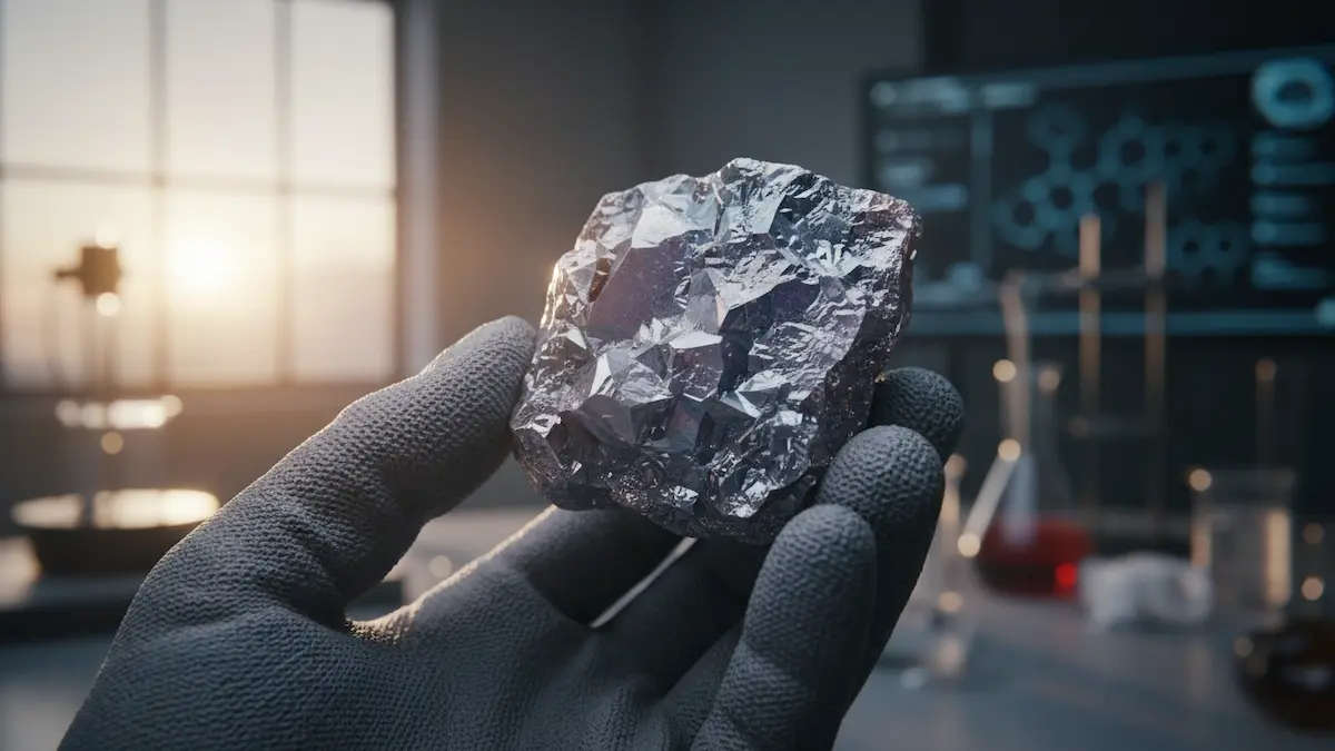 Fotografia editorial em close-up de um mineral bruto de terras raras sendo segurado por um pesquisador em um laboratório de alta tecnologia, com iluminação cinematográfica ao entardecer.
