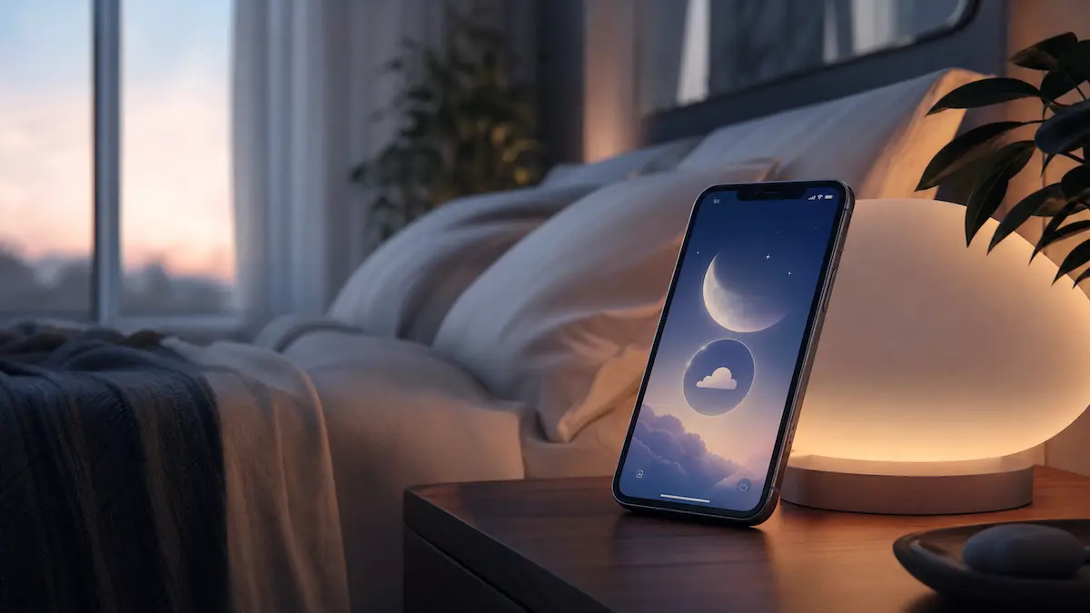 Fotografia realista de um smartphone em uma mesa de cabeceira ao amanhecer, exibindo a interface minimalista de um aplicativo de interpretação de sonhos com IA.
