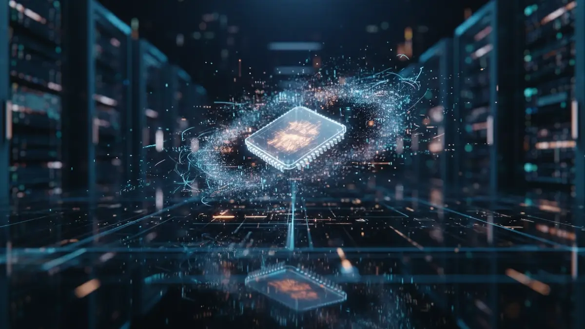 Representação conceitual de um chip digital translúcido flutuando em um ambiente futurista de data center, com trilhas de dados e luzes neon em azul e âmbar simbolizando a memória da internet.