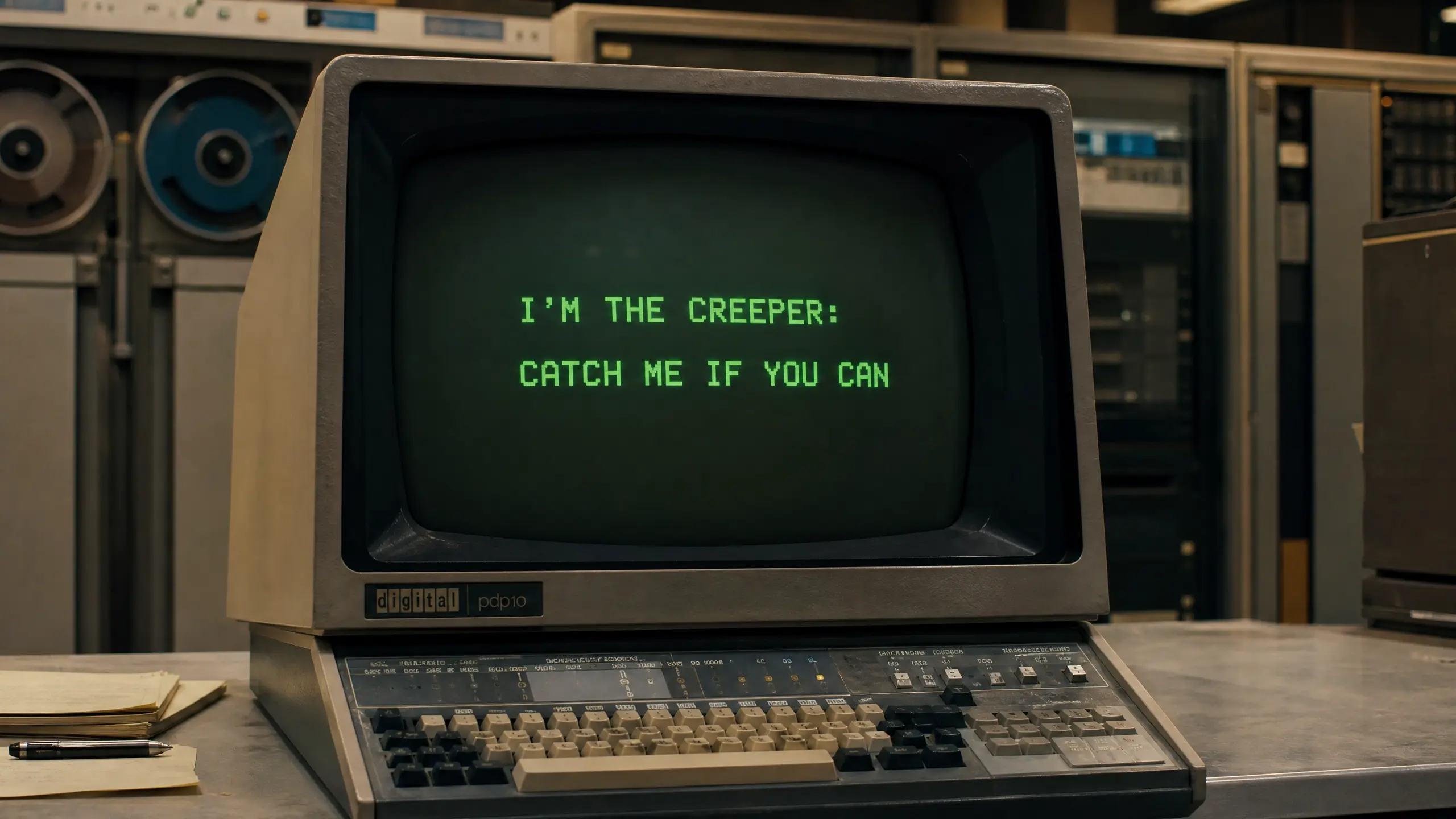 Fotografia de um terminal de computador antigo dos anos 70 exibindo a mensagem 'I'M THE CREEPER: CATCH ME IF YOU CAN' em letras verdes brilhantes em uma tela escura.