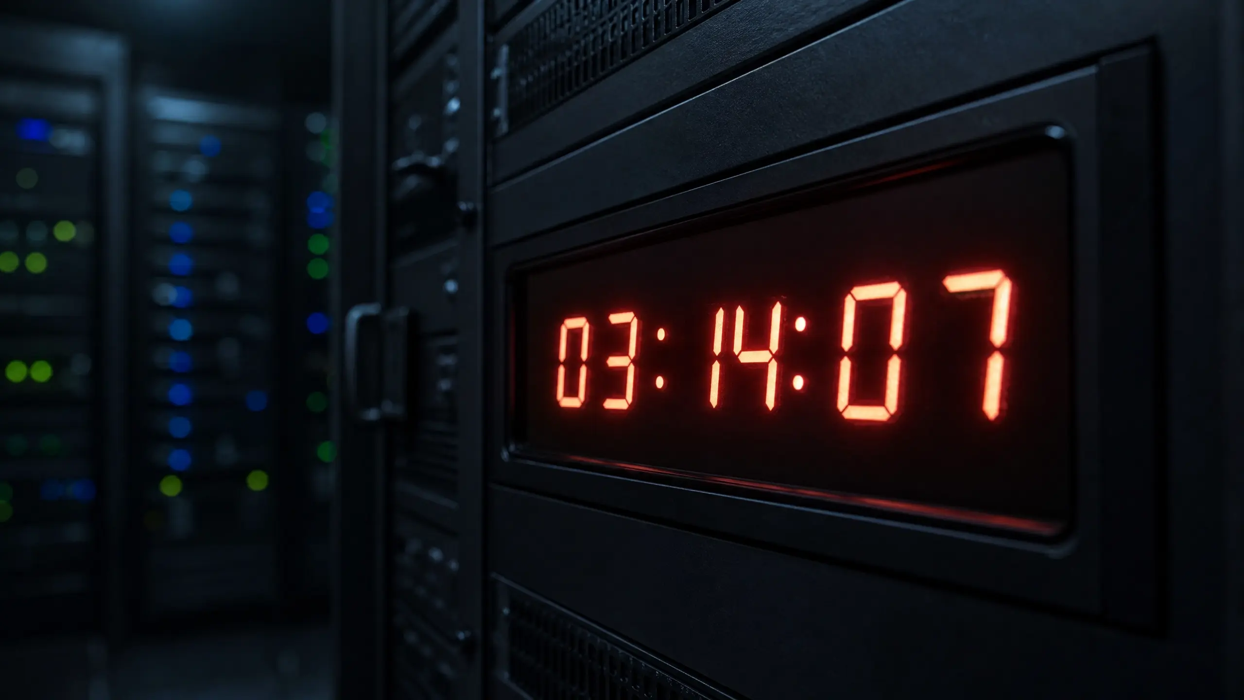 Close-up de um relógio digital em um servidor exibindo o horário '03:14:07' em vermelho brilhante, com racks de data center desfocados ao fundo.