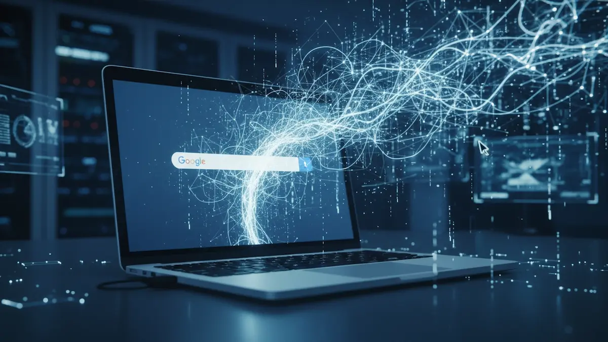 Close-up cinematográfico de uma tela de laptop com a barra de busca do Google, de onde emanam feixes de dados e conexões digitais brilhantes em azul e branco.