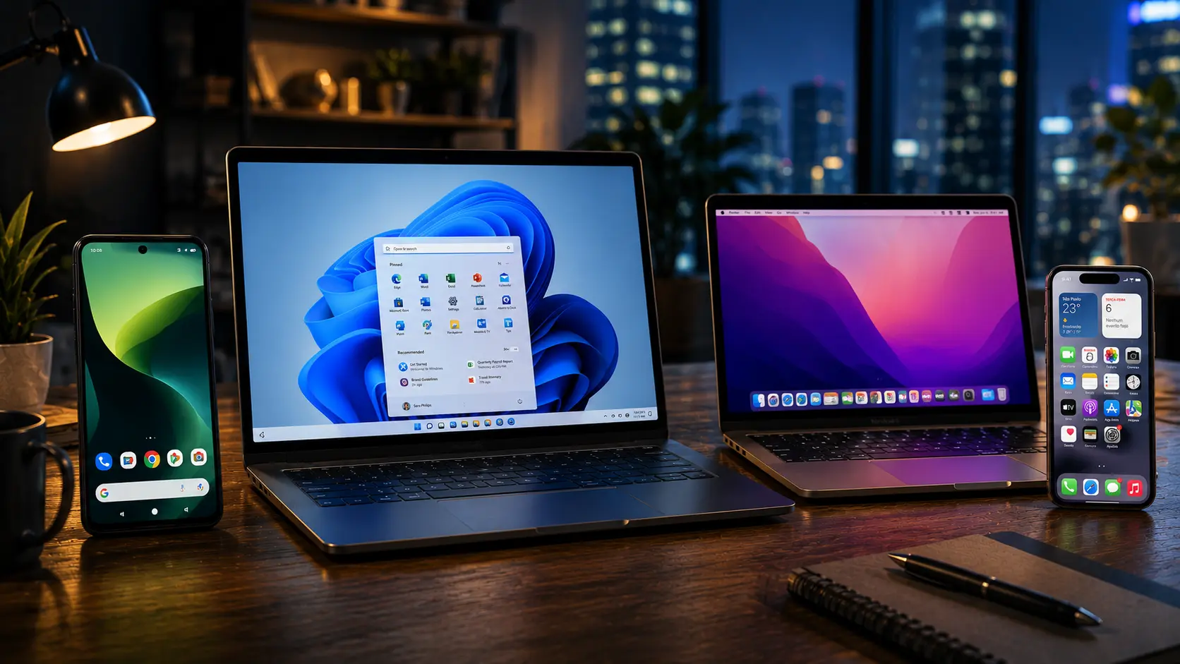 Notebook com Windows, smartphone Android, MacBook e iPhone sobre uma mesa de trabalho moderna, ilustrando os principais sistemas operacionais utilizados em computadores e celulares.