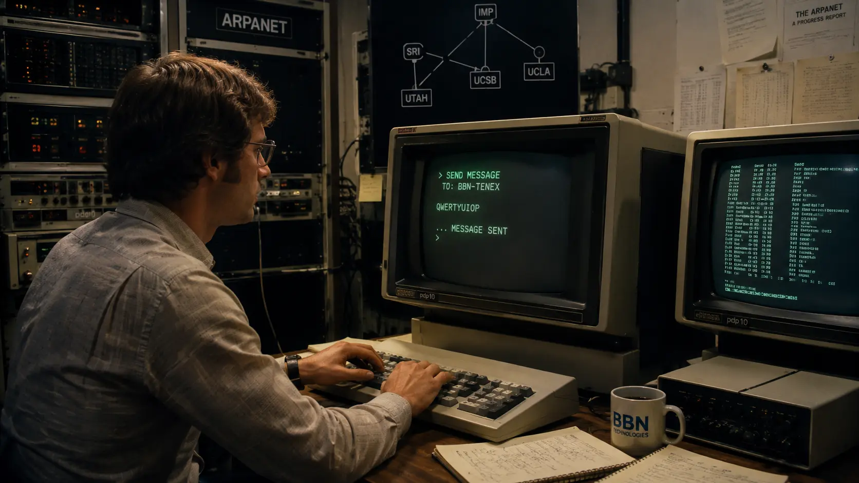Ilustração conceitual inspirada no envio do primeiro e-mail da história pela ARPANET em 1971.