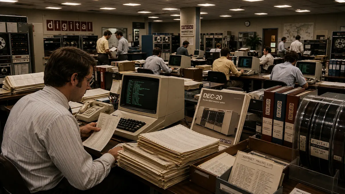 Ilustração realista inspirada no primeiro envio de e-mail em massa na ARPANET em 1978, mostrando um escritório corporativo com terminais de computador e documentos técnicos.