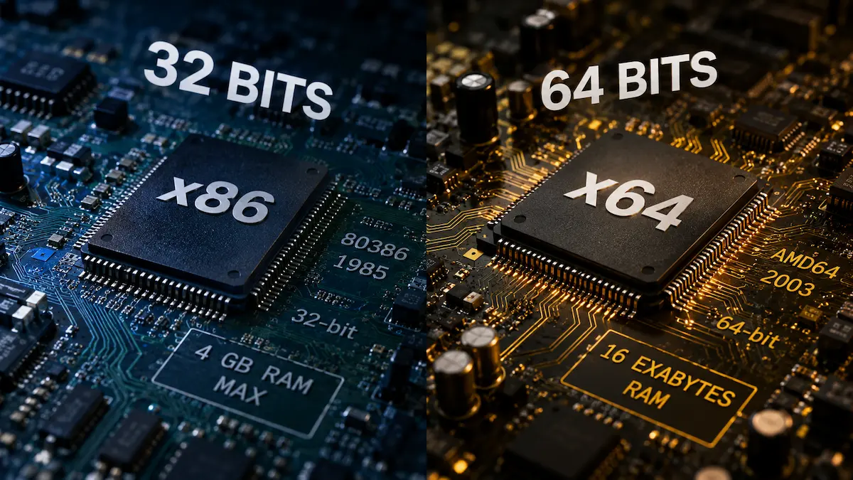 Ilustração realista mostrando um processador moderno sobre uma placa-mãe com elementos que representam as arquiteturas x86 e x64 e a evolução dos processadores de 32 e 64 bits.