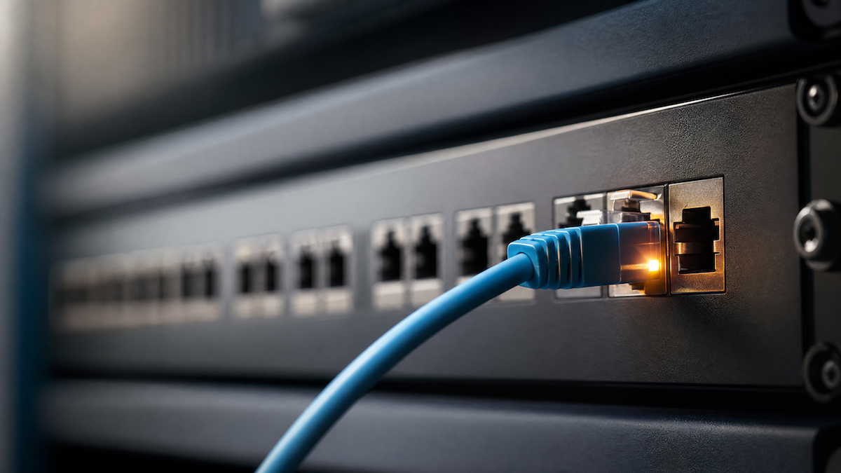 Fotografia realista de um painel de servidor moderno com um cabo ethernet azul conectado, destacando a infraestrutura invisível da internet.