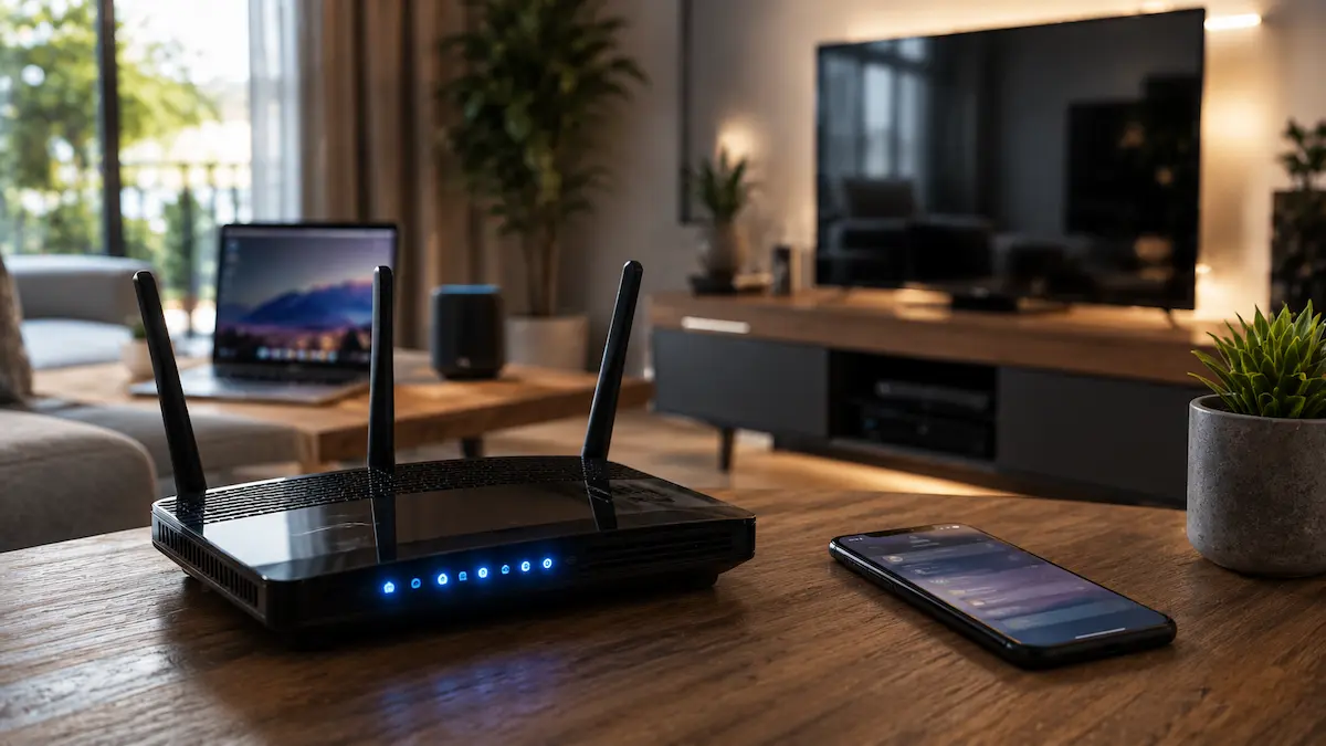 Roteador Wi-Fi moderno em destaque sobre uma mesa em uma residência, com notebook, smartphone e dispositivos conectados ao fundo, ilustrando a importância da segurança da rede doméstica.